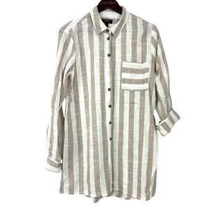 RD+Koko Linen Tunic Women L Tan White EUC Striped Long Sleeve Button Down